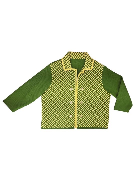 ILGWU Sweaters - Vintage Green Yellow Polyester Knit Cardigan Sweater Chevron Women Size XL Union